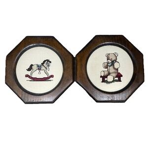 Set Of 2 Vintage Wood Framed Rocking Horse & Teddy Bear Cross-Stitch Art Nursery